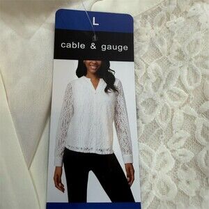 Cable Gauge Blouse L Ivory Floral Lace Button Front Long Sleeve soft inner line